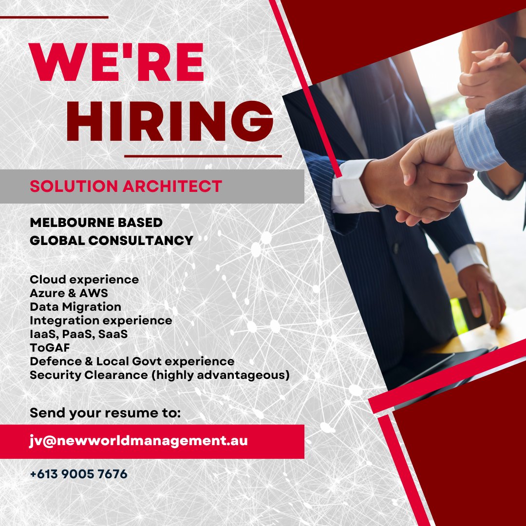 ❗WE ARE HIRING❗

Solution Architect – Permanent

Send you resume to jv@newworldmanagement.au or call us on+613 9005 7676 for more information.

#solutionarchitect #infrastructure #architect #itcareer #jobsintech #Azure #nwm #newworldmanagement #SaaS #iPaaS #ToGAF #melbournejobs