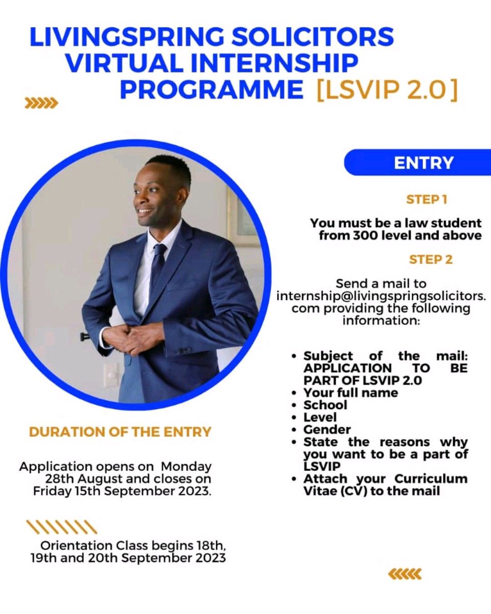 LIVINGSPRING SOLICITORS presents their Annual Virtual Internship Programme [LSVIP 2.0]

Rt and share.

#internships 
#lawinternship
#undergraduate
#nigerianlawstudent