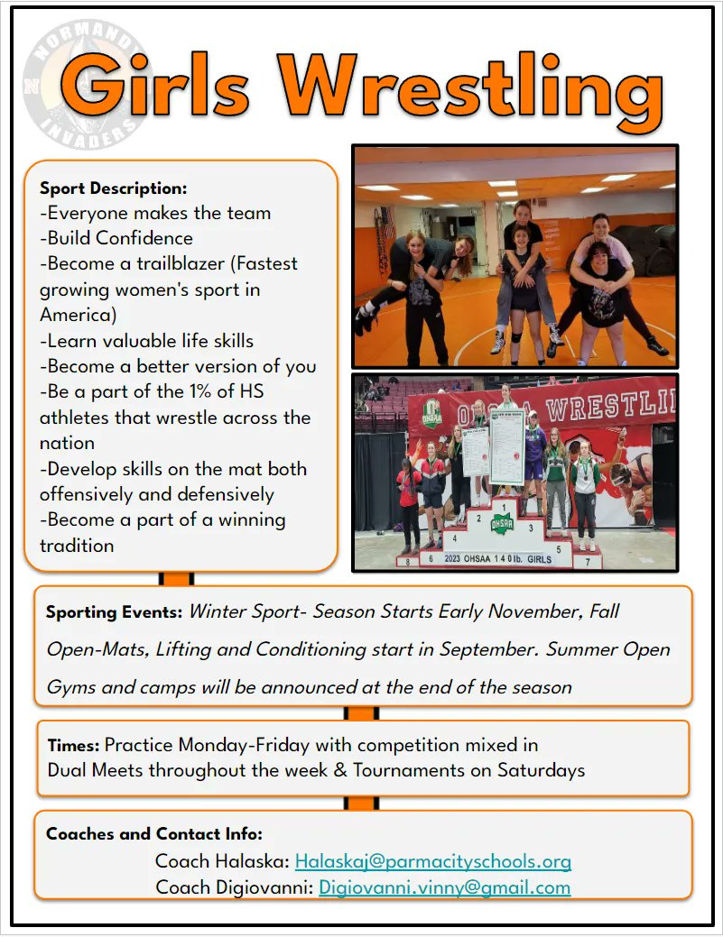 NHSGirlsWrestle's tweet image. Come check us out tomorrow or Thursday night at orientation from 5-7pm. We will be set up in the gym! #InvaderStrong #whynotyou
