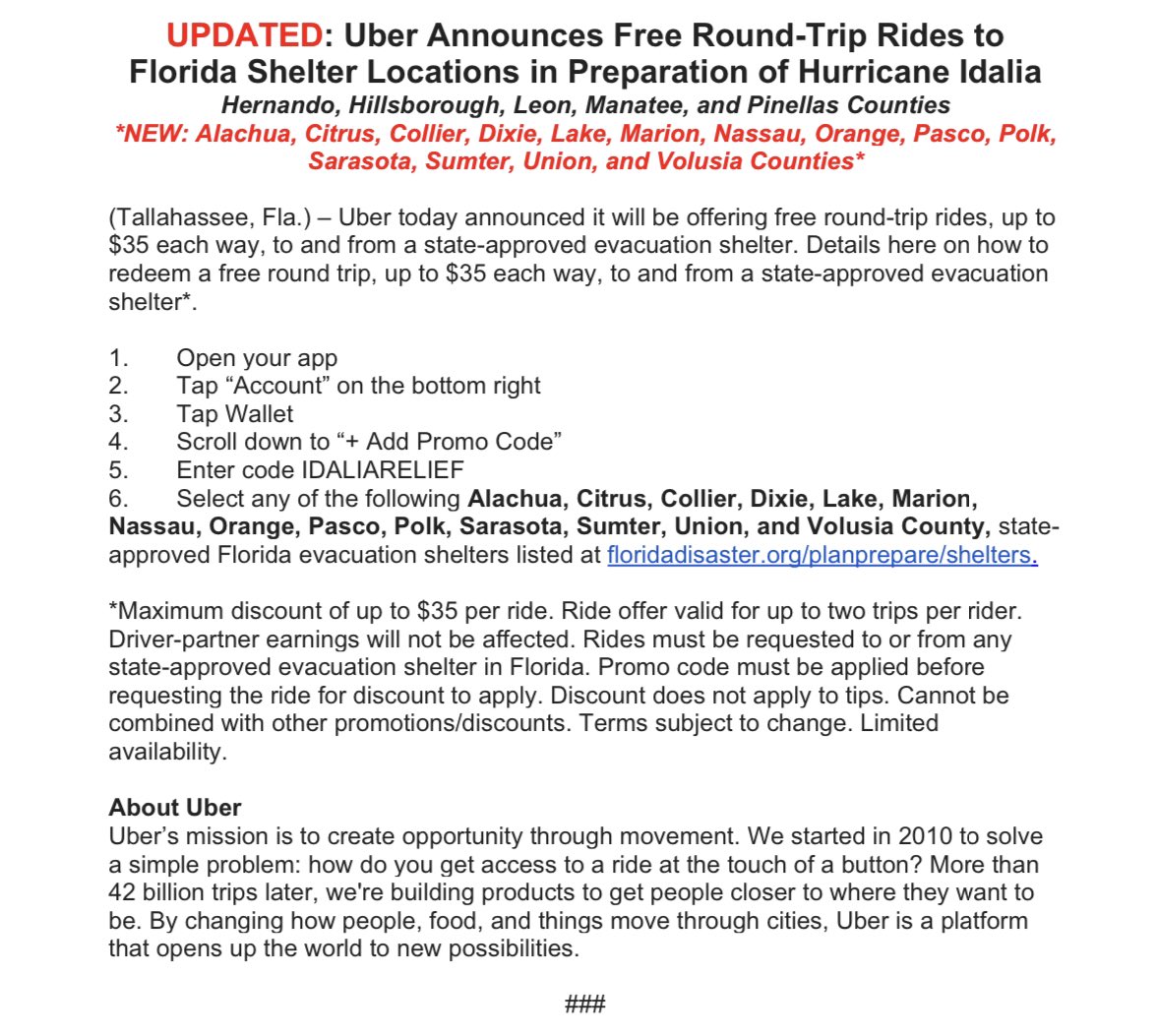 .<a href="/Uber/">Uber</a> is offering free transportation to shelters in counties in the path of Hurricane Idalia. To receive a free ride to a shelter use code IDALIARELIEF in the Uber App. More information below: