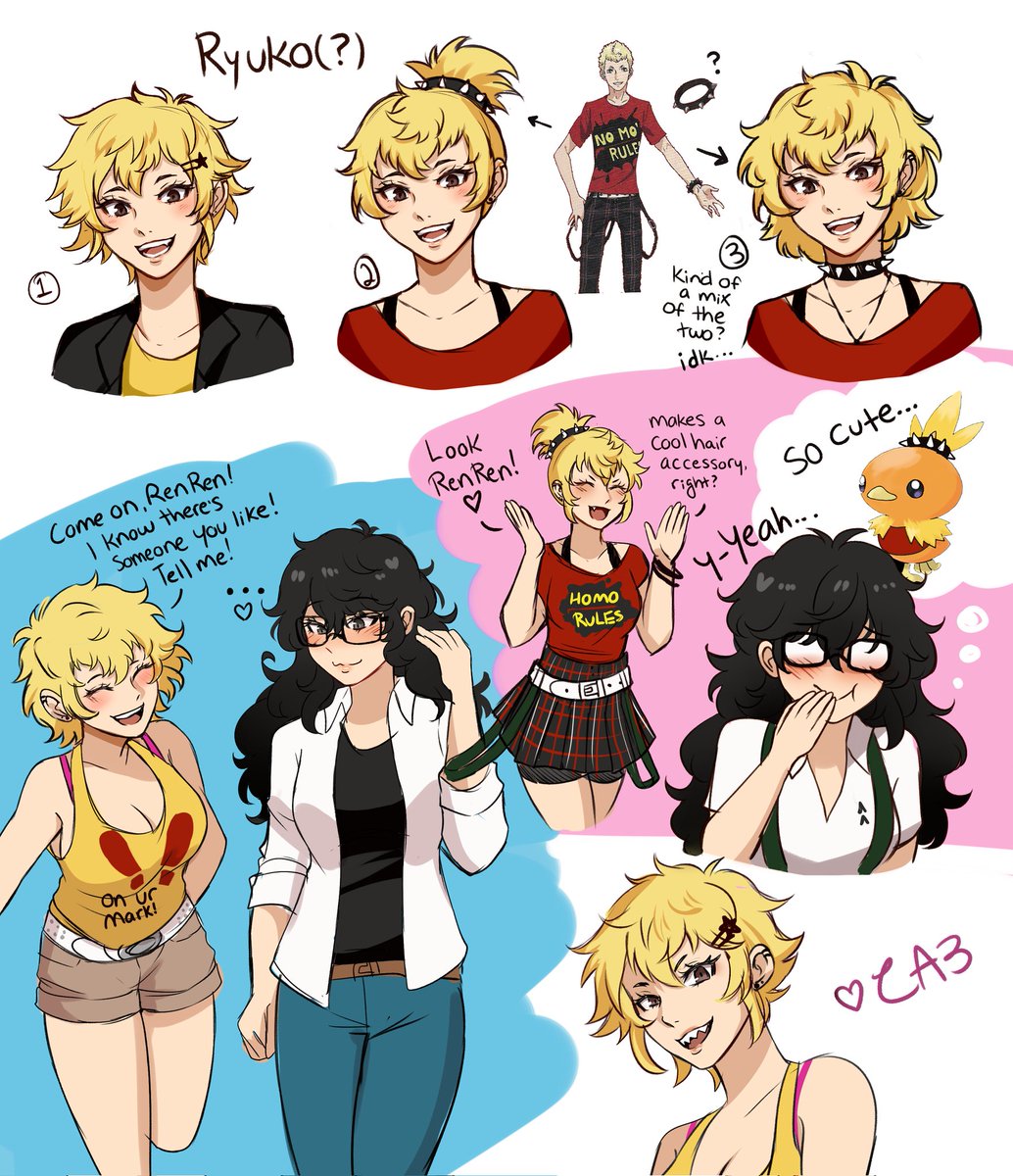 ca3_crazyanime3's tweet photo. so I was making a fem Ryuji to go with fem Joker, because pegorYURI but I can't decide on a hairstyle... so here's a doodle page 💛✨️ #pegoryu https://t.co/ok3ltWqKL9