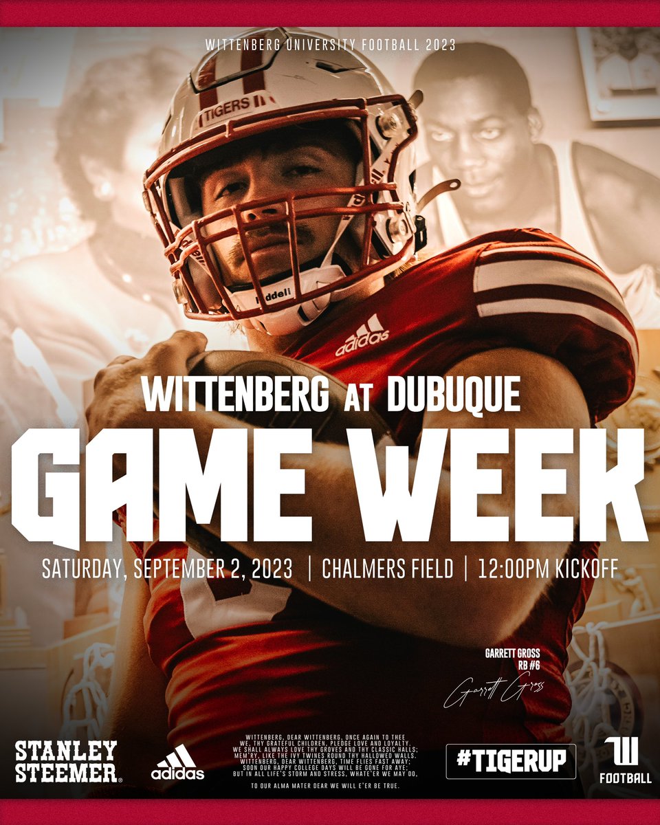 WittFootball's tweet photo. 𝐆𝐀𝐌𝐄 𝐖𝐄𝐄𝐊

🆚 | at Dubuque University
🏟️ | Chalmers Field
📍 | Dubuque, IA
📺 | Link in Bio
🗓️ | September 2, 12:00 pm
☀️ | 92°

#TigerUp
#Wittenberg
#D3FB https://t.co/JrW0VjqVxU