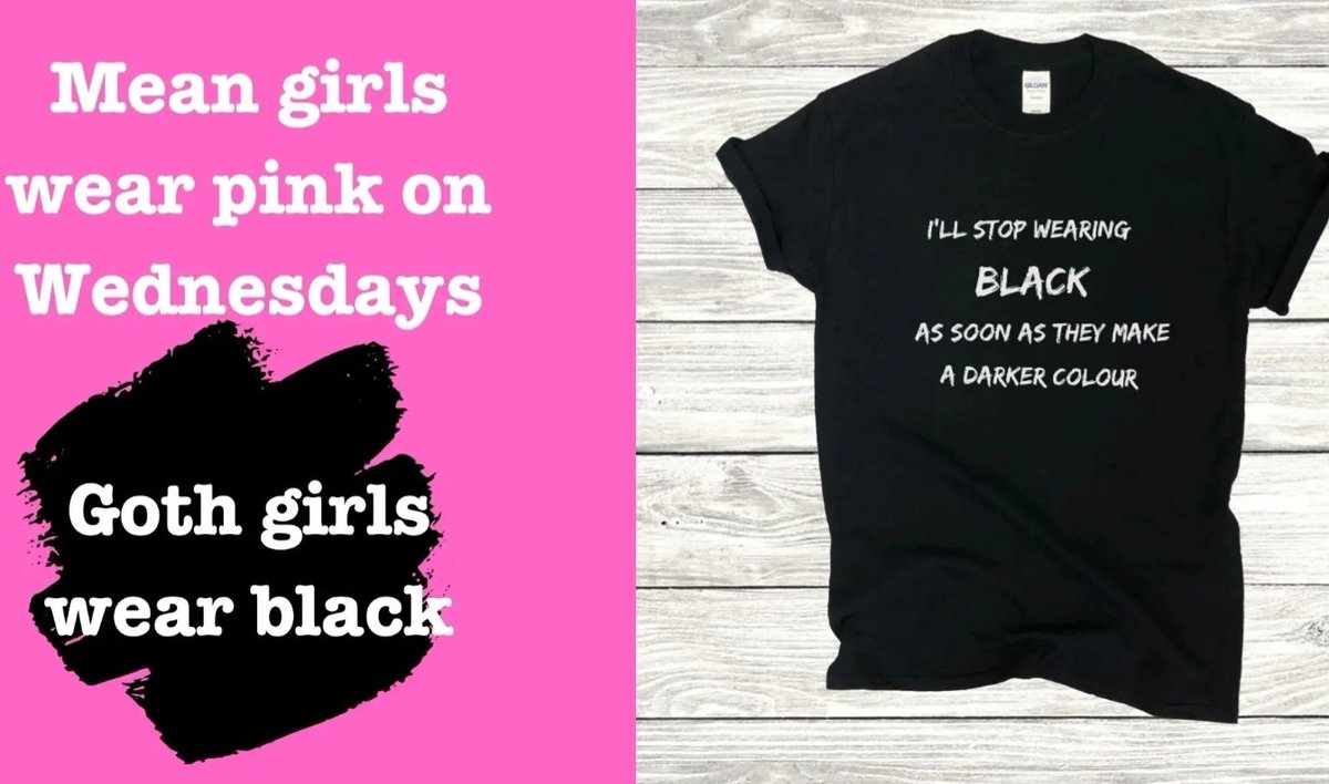 Mean girls wear pink on Wednesdays. Goth girls wear black. I'll stop wearing black as soon as they make a darker colour. T-shirt available in store now. 🖤🩷
Link in bio.
#gothgirls #myfavouritecolourisblack 
#tshirts
#streetwear
#meangirls #wildwishdesignau