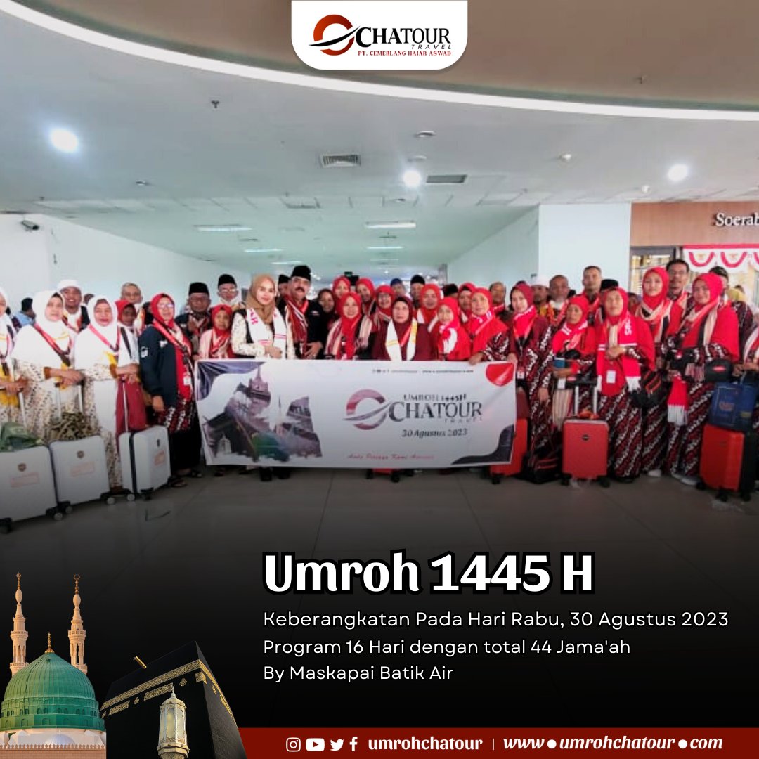 umrohchatour's tweet photo. Keberangkatan Jama'ah Umroh Chatour Travel pada Hari Rabu, 30 Agustus 2023 program 16 Hari dengan total 44 Jama'ah by Maskapai Batik Air.

#chatourtravel #chatourtravelsurabaya #panglimagroup #CerdasHematAmanah #umrah #umroh1445h https://t.co/CbyVnQfNe7