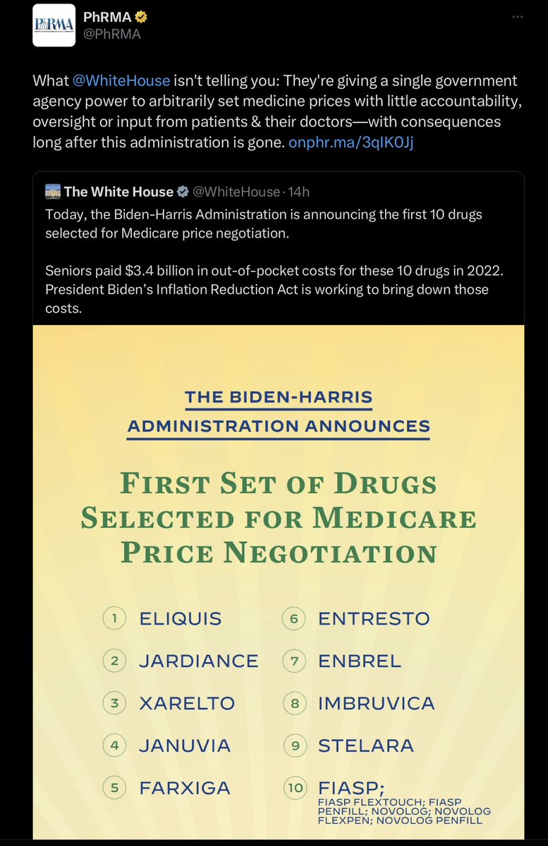 cwebbonline's tweet photo. What Pharma isn’t telling you is that drug cost negotiations leading to lower prices is massively popular with Democrats, Independents and Republicans alike. They also don’t tell you they’ll still be profitable but not as profitable as they are with the 1000% markup they’re used to. Poor things. 😢