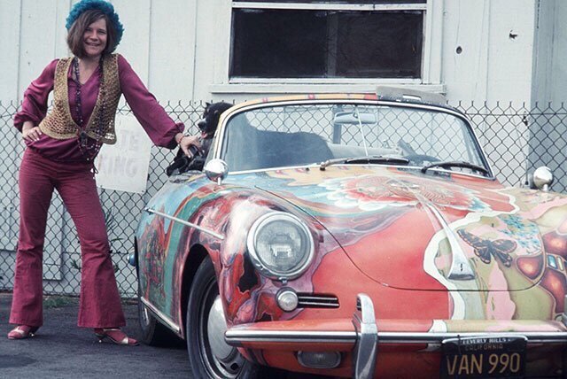 Janis Joplin next to her custom 1965 Porsche 356 1600 Cabriolet, 1968