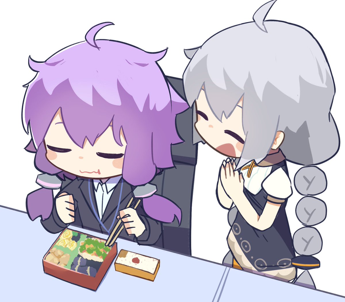 kizuna akari ,yuzuki yukari multiple girls 2girls chopsticks purple hair closed eyes blush stickers food  illustration images