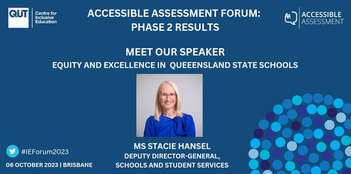 Ms Stacie Hansel, Deputy Director-General, Schools and Student Services, will be presenting at our upcoming Accessible Assessment Forum: Phase 2 Results. Stacie will present a session titled: Equity and excellence in Queensland State Schools. Register now: research.qut.edu.au/c4ie/events/ac…