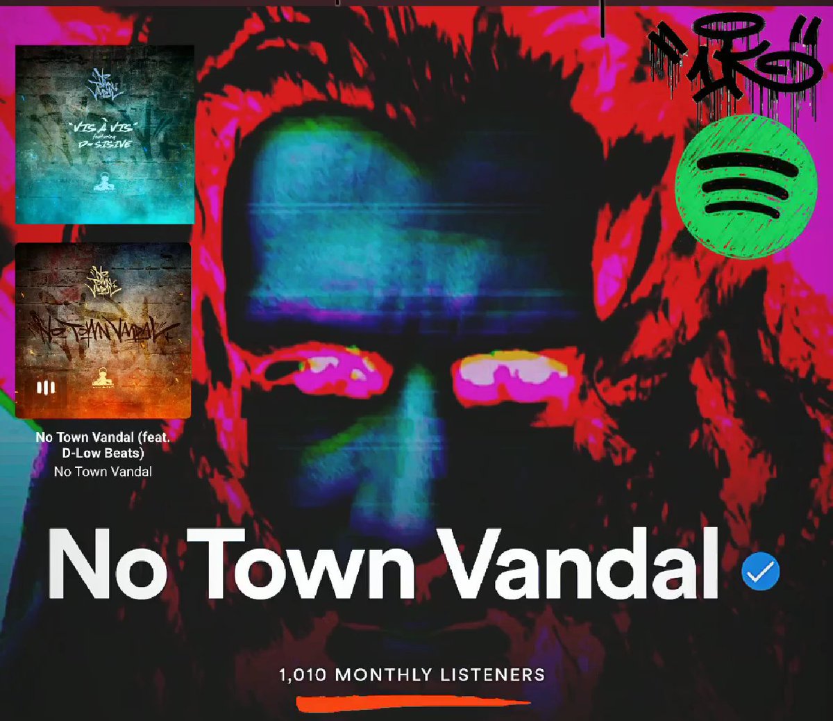 NoTownVandal's tweet photo. Hit that 1k benchmark the other night. currently sitting at 1,055 organically thanks to everyone's support. Now to reach that 5k with my next single that comes out soon before the release of the #NTVep @HandSoloRecords #Toronto #hiphop #Spotify #VisAVis #NTV https://t.co/0BCOMRlwM1