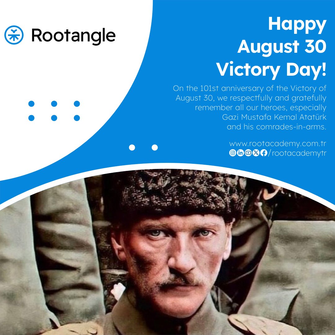 rootacademytr's tweet photo. 30 Ağustos Zaferi'nin 101. yıldönümünde başta Gazi Mustafa Kemal Atatürk ve silah arkadaşları olmak üzere tüm kahramanlarımızı saygı ve minnetle anıyoruz.

#30Ağustos Zafer Bayramımız Kutlu Olsun. https://t.co/7ppZiiIVWR