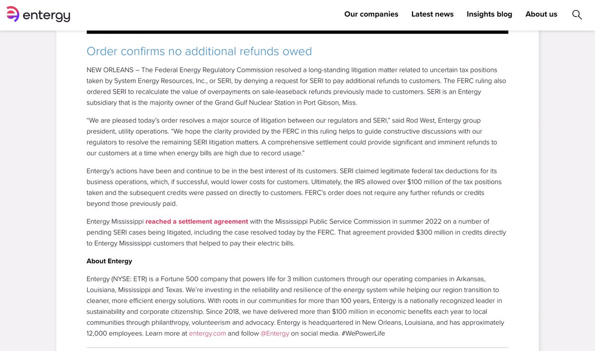 Helena Moreno (@helenamorenola) on Twitter photo FERC reconfirming that refunds are owed is the result of a rehearing from an earlier opinion in December. What’s bizarre is that <a href="/Entergy/">Entergy</a> is claiming they don’t owe any refunds in a news release, which is the absolute opposite of what the ruling in Dec and the new order says. FERC reconfirming that refunds are owed is the result of a rehearing from an earlier opinion in December. What’s bizarre is that <a href="/Entergy/">Entergy</a> is claiming they don’t owe any refunds in a news release, which is the absolute opposite of what the ruling in Dec and the new order says.