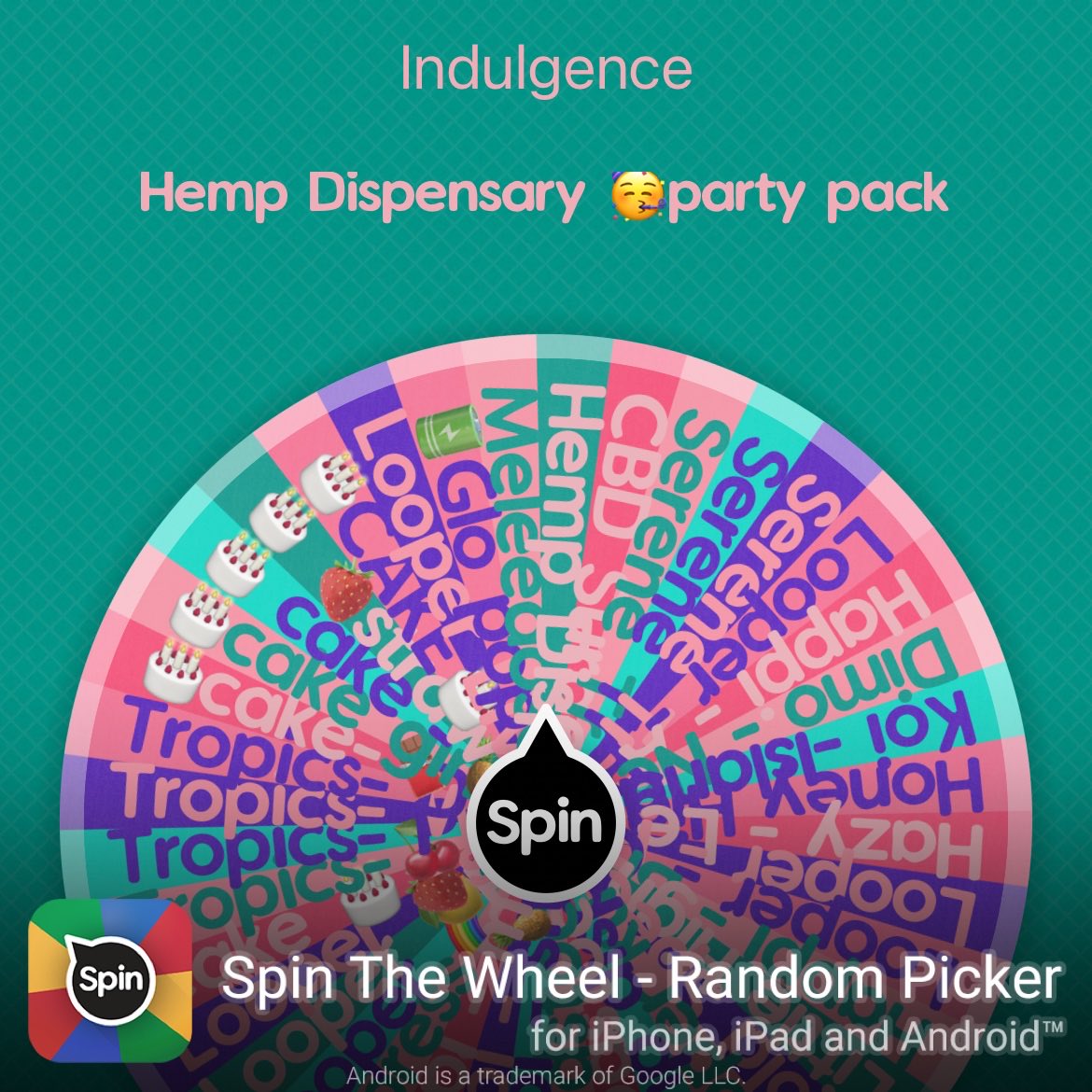 I rolled Hemp Dispensary 🥳party pack on my Wheel of Indulgence! ⁦@nomedicalcard⁩ #SpinTheWheelApp #spinthewheel 👉 spinthewheel.app/download