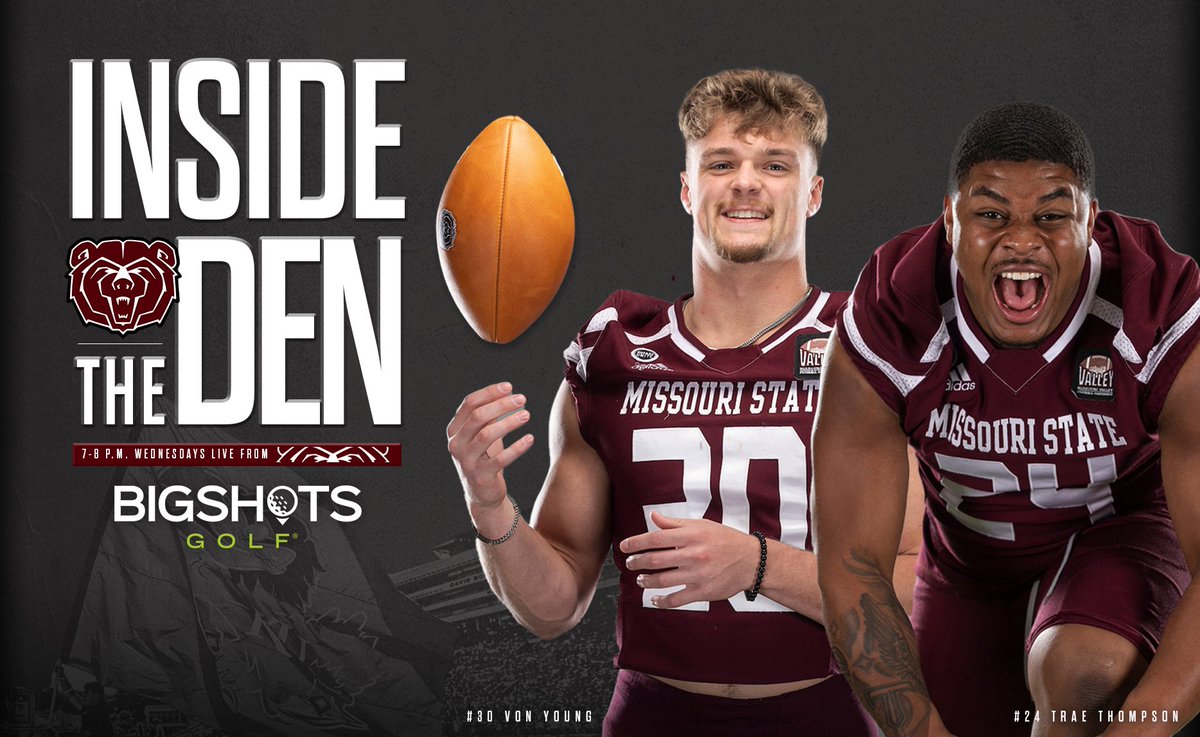 Inside the Den is back starting tomorrow! 🎙️

Join the Voice of the Bears Art Hains, Corey Riggs and Head Football Coach Ryan Beard live <a href="/BigShotsGolfSGF/">BigShots Golf Springfield MO</a> from 7-8 p.m.‼️

Football Bears Von Young and Trae Thompson will also join the show live!  

#BearsUnite
