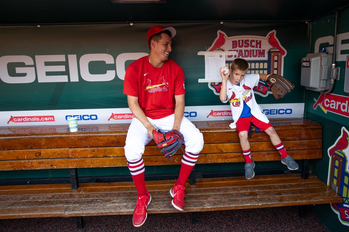 Cardinals's tweet photo. It was our honor to host PJ at the ballpark today through @MakeAWish!

Just 7 years old, PJ has already endured 9 rounds of chemo and beaten his cancer into remission!

Keep fighting, PJ! https://t.co/aORDBCSH8C