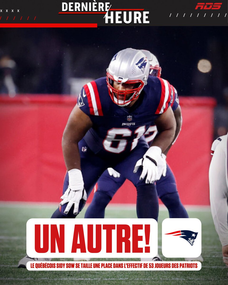 RDSca's tweet photo. Après Matthew Bergeron, un autre Québécois dans la NFL l'an prochain!
Le natif de Granby Sidy Sow s'est taillé une place dans l'effectif de 53 joueurs des Patriots de la Nouvelle-Angleterre! 👏🏈 https://t.co/j3nigtcPwA