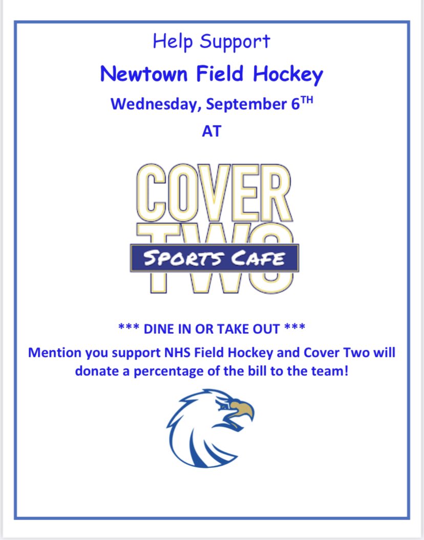 2021NHSFH's tweet photo. Come out Wednesday and support Field Hockey at our favorite Restaurant!!!  🍔🌭🥗( or order to go ) Thank you Cover Two for your continued support ❤️ @Cover_Two_SH @nhsathletics https://t.co/CDg6LsIbCA