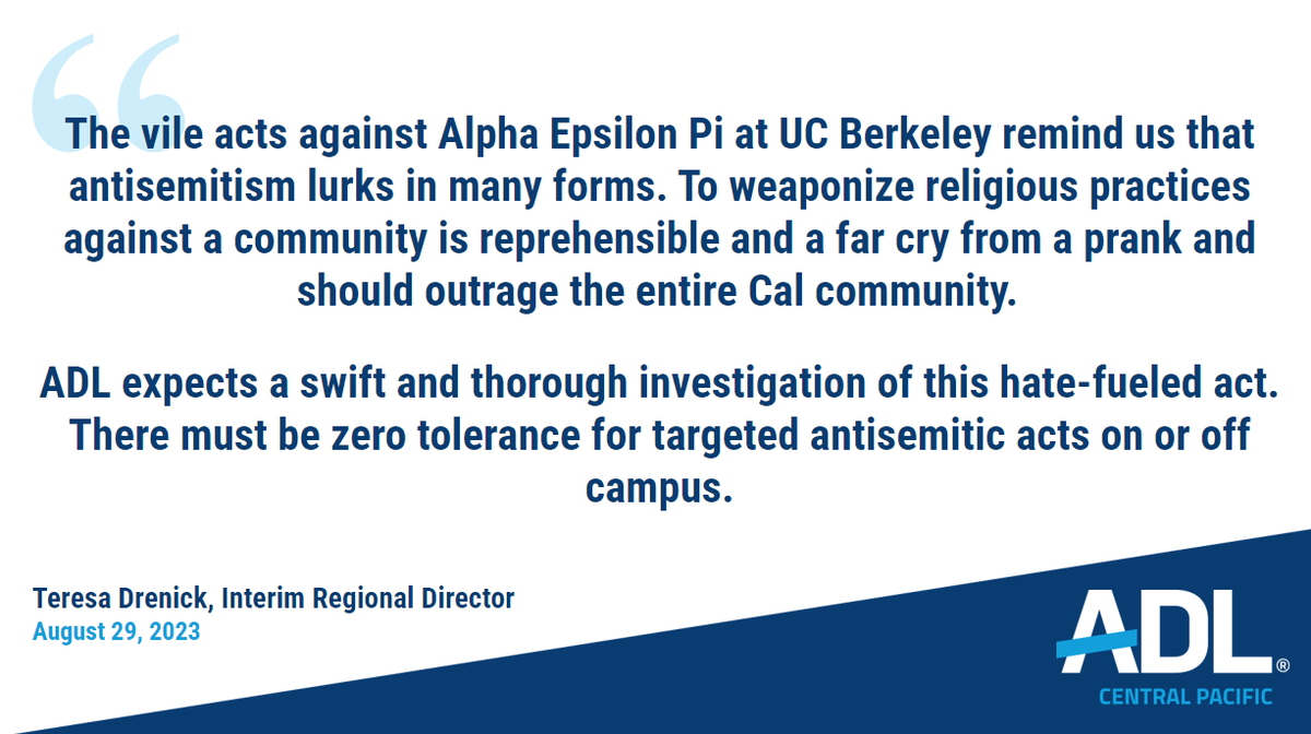 ADL Central Pacific is appalled by this act of #antisemitism targeting the Jewish fraternity <a href="/AEPi/">Alpha Epsilon Pi IHQ</a> at <a href="/UCBerkeley/">UC Berkeley</a>.