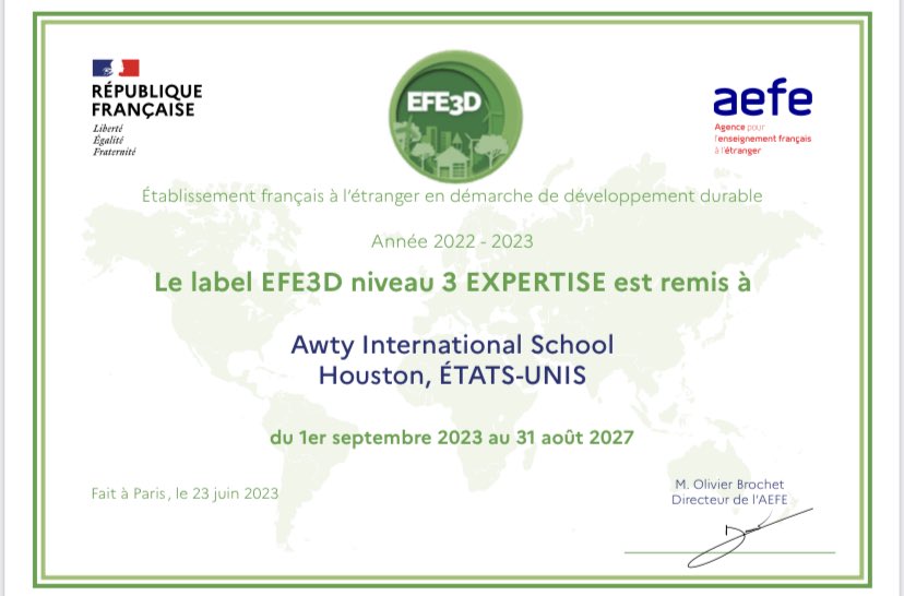 Nous sommes ravis d’avoir obtenu le niveau 3 (expertise) pour le label de l’AEFE EFE3D <a href="/awtyintlschool/">Awty Intl. School</a> 
Le chemin est encore (très) long mais on est sur la voie 😊🌳🌎 #EFE3D #AEFE #EDD #Sustainability