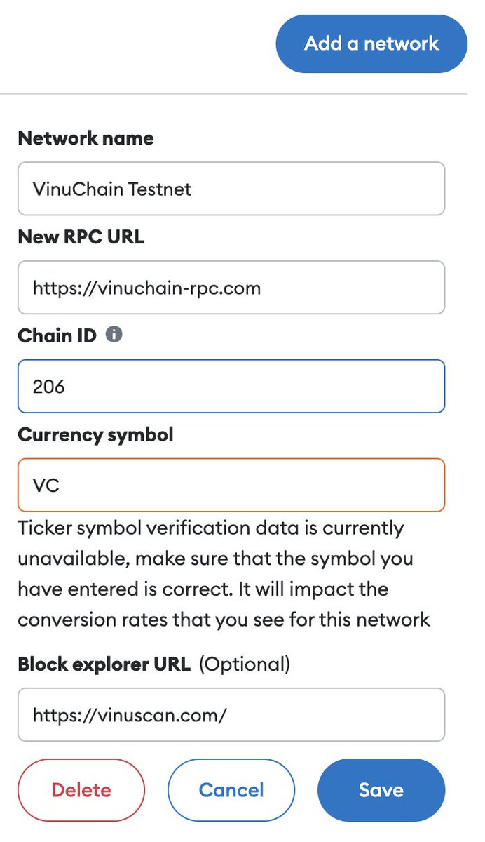 🚀 We've upgraded the #VinuChain Testnet!    

HOW TO CONNECT - METAMASK 🛜

1️⃣Click on your current network
2⃣Add Network --> Manually
3⃣Inputs:

Network Name: VinuChain Testnet 
New RPC URL: vinuchain-rpc.com
Chain ID: 206 
Currency symbol: VC 
Block Explorer URL: