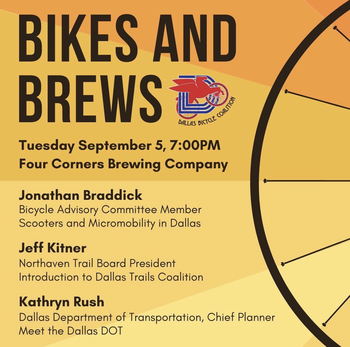 DallasTrails's tweet photo. Bikes and Brews hosted by the Dallas Bicycle Coalition on Tuesday, September 5. Stop by for an intro to the DTC. #DallasTrails https://t.co/s8mfEXzaED