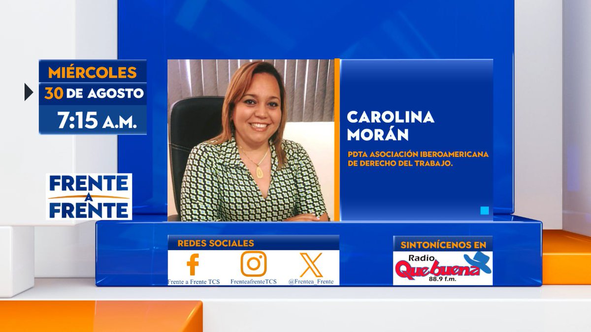 La Dra. Carolina Morán presidenta de la Asociación Iberoamericana de Derecho del Trabajo y de la Seguridad Social, es nuestra invitada de las 7:15 am, mañana en este espacio de opinión. 📺
 
Por los Canales 2 y 4 de Telecorporación Salvadoreña Radio 📻 Que Buena y redes sociales.