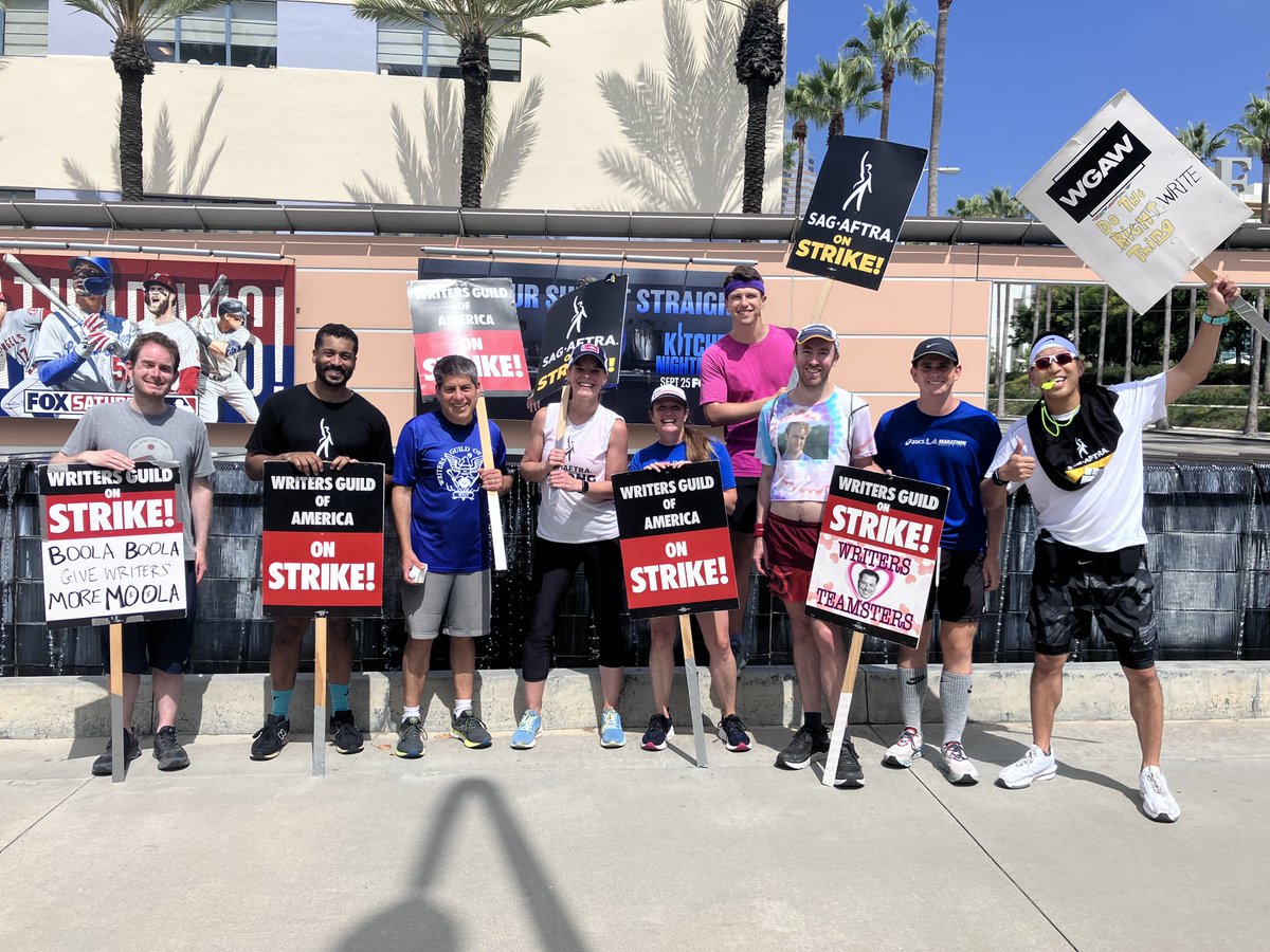 Jeff Bezos may be all buffed out but hes clearly not tough enough to negotiate OR do 7 miles with the #WGAStrike showRUNNERS. This Thurs 8/29 we show <a href="/amptp/">AMPTP</a> the one thing lamer than their negotiation strategy is their mile time. JOIN US! (We'll do an earlier run to beat the heat)