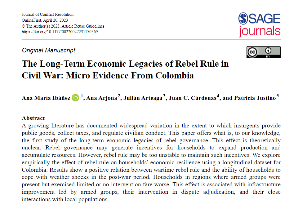 DaveEvansPhD's tweet photo. What are "the long-term economic legacies of rebel rule in civil war"? In Colombia, a "positive relation between wartime rebel rule and the ability of households to cope with weather shocks in the post-war period."
https://t.co/zPsDpLJu7K by @anamibanez and others https://t.co/gNzQ2QgrL1