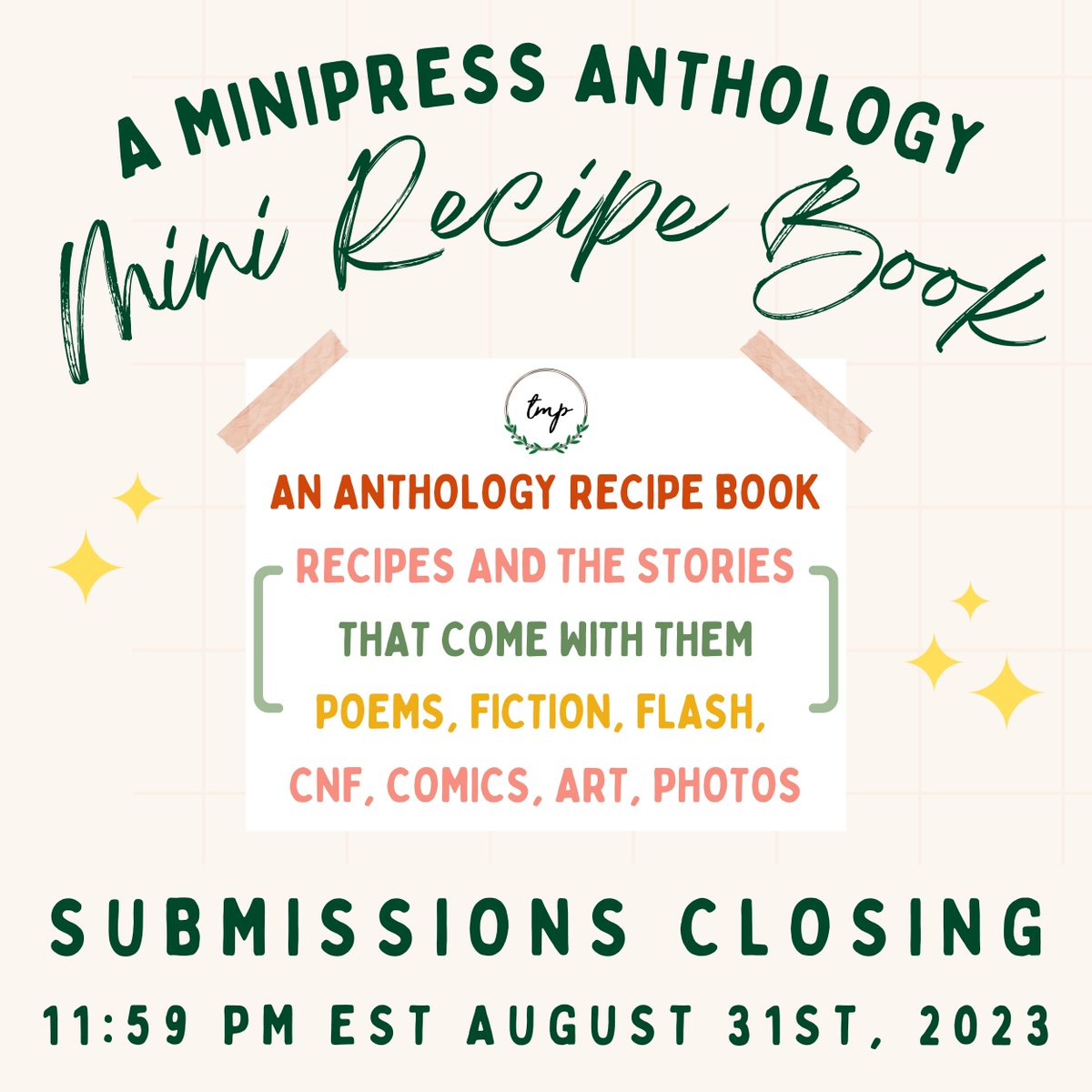 Just a simple reminder that there are TWO DAYS LEFT until the end of submissions for the MiniPress anthology MiniRecipe Book! Get in your recipes and associated stories/poems/visual art pieces!

Submit here: theminisonproject.com/minipress

#submissionsopen #foodwriting #recipeanthology