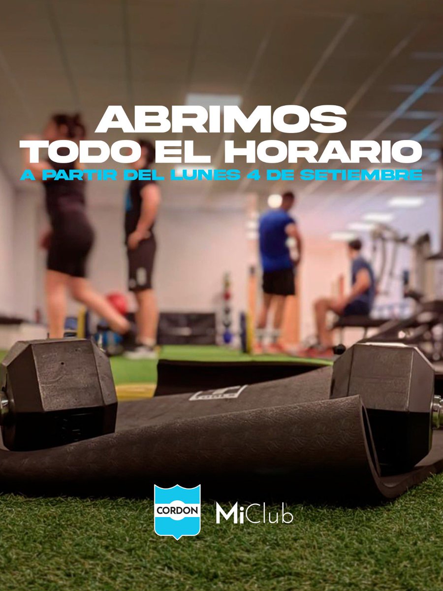 ClubCordon1's tweet photo. 🙌🏼 ¡𝗔𝗕𝗥𝗜𝗠𝗢𝗦 𝗧𝗢𝗗𝗢 𝗘𝗟 𝗛𝗢𝗥𝗔𝗥𝗜𝗢𝗢𝗢!

A partir del 𝗹𝘂𝗻𝗲𝘀 𝟰 𝗱𝗲 𝘀𝗲𝘁𝗶𝗲𝗺𝗯𝗿𝗲 vas a poder disfrutar de #MiClub de 7 a 22 hs

😉 ¿Qué esperas para sumarte? ¡Arrimate al 𝗡𝘂𝗲𝘃𝗼 𝗖𝗼𝗿𝗱𝗼́𝗻! 🔝 https://t.co/8m3nhZg7h4