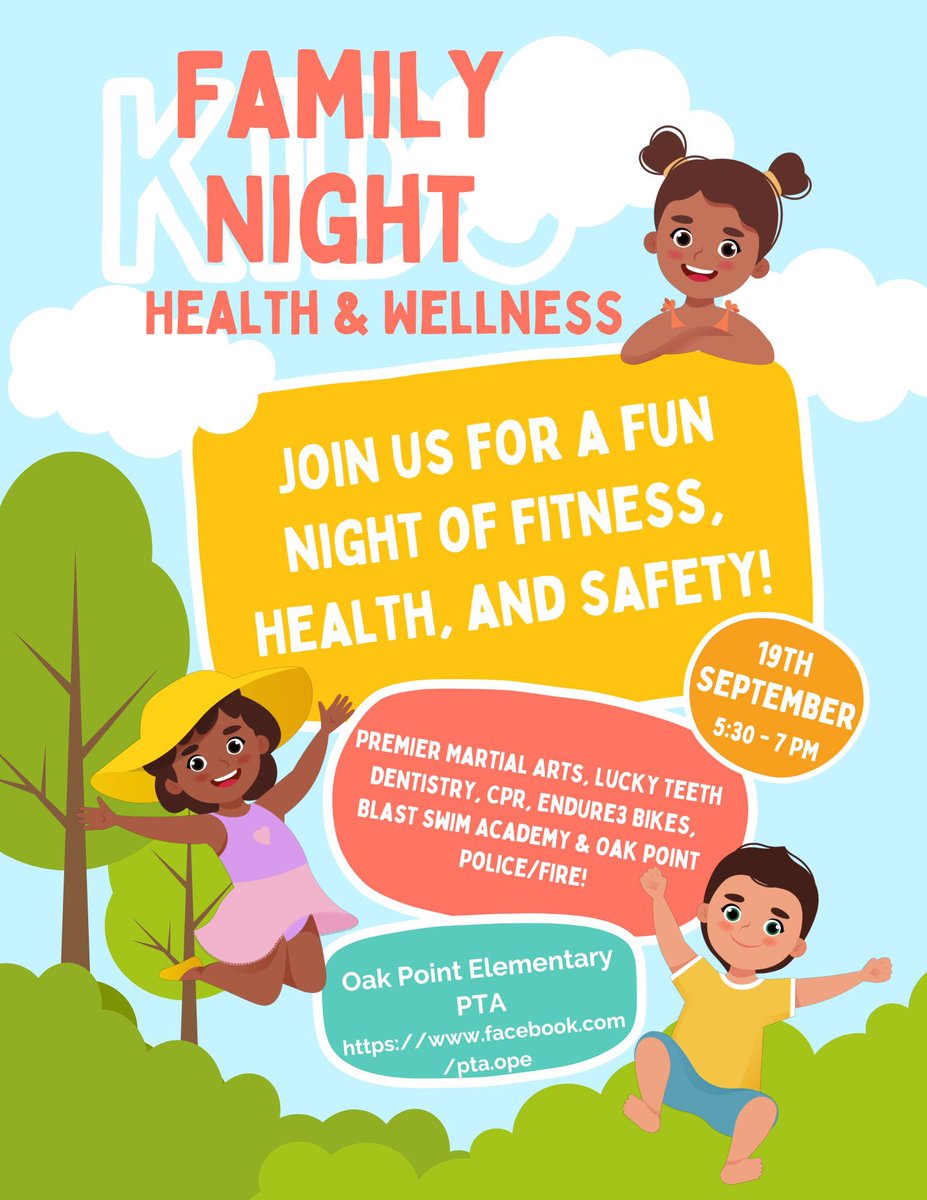 OakPoint_PTA's tweet photo. Save the date! We are excited to have several community members join us and share the importance of health, wellness and safety!! We are working on food trucks as well! https://t.co/4fs7OxiKTp