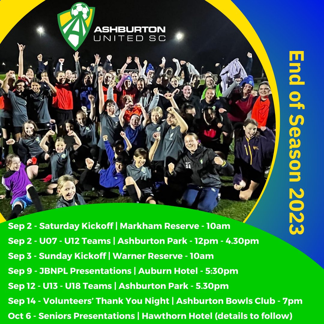 Save the Dates!
Calling all our Ashy players and families, our Sponsors and Volunteers! Come celebrate the 2023 season that was.

For more details, contact: lesley@ashburtonsoccer.com.au