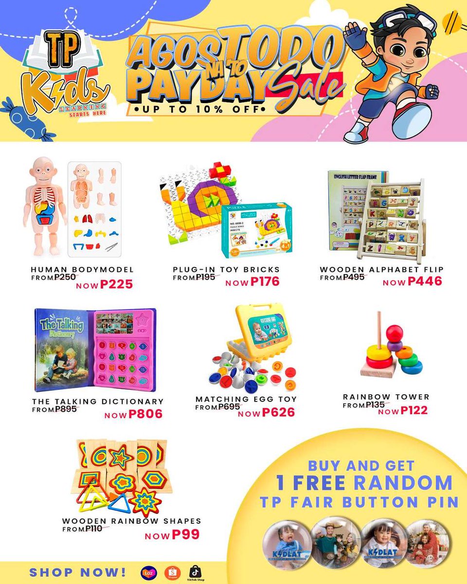 AgosTODO Payday Sale is coming! Get ready to save up to 10% OFF on all your favorite items. Plus, get a FREE TP FAIR BUTTON PIN. 😱

Mark your calendars! 🥰

#AgosTODOnato #PaydaySale #TPKids #LearningMaterials #EducationalBooksAndToys