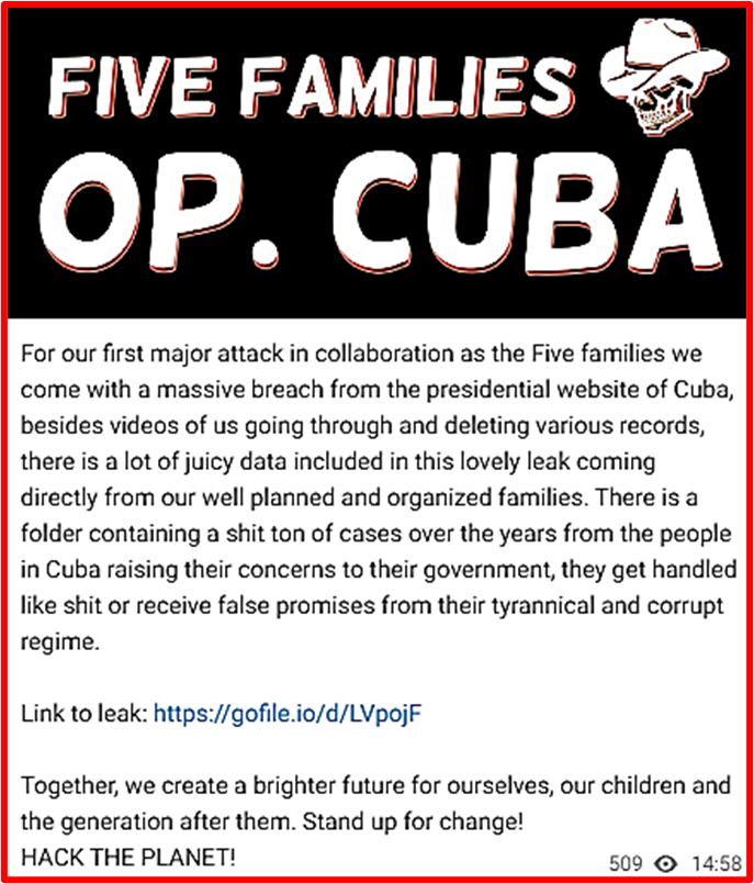 CyberSleuth1's tweet photo. The first operation by the Five Families #GhostSec #SiegedSec #ThreatSec #Stormous #BlackForums https://t.co/2jVr7wsA1N