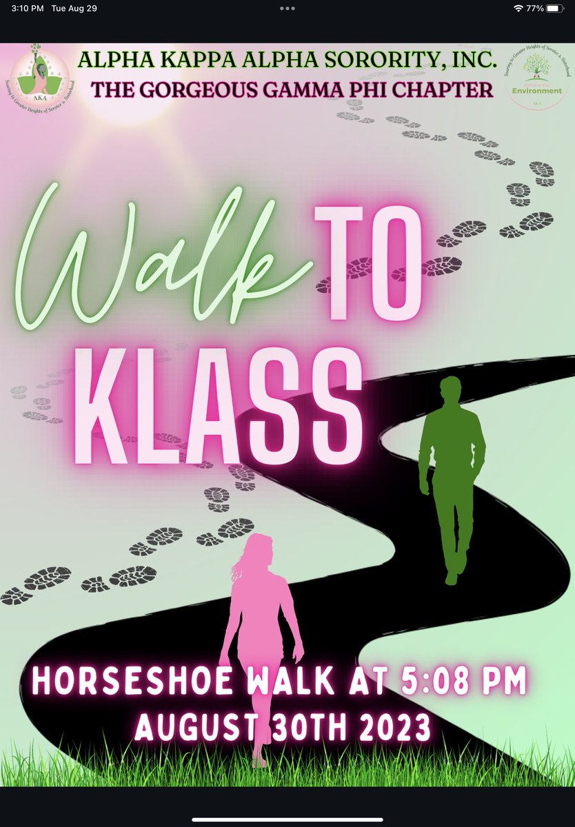 Join the ladies of The Gorgeous Gamma Phi Chapter by REDUCING CARBON EMISSIONS on August 30th 2023. We will be walking around campus ALL DAY to help decrease air pollution.
As a collective, we will meet at the library and walk around the horseshoe at 5:08 pm. Skee you there.💗💚