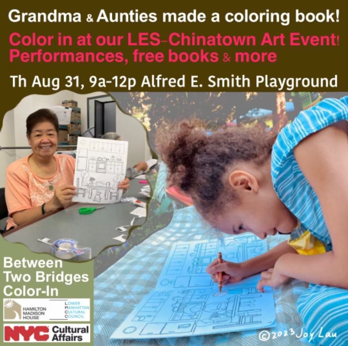 ChinatownNYC's tweet image. Color in the neighborhood 8/31, join your neighbors in this collaborative community art event. Seniors from Two Bridges, LES &amp;amp; Chinatown collaborated with artist Joy Lau to produce a coloring book depicting everyday NYC scenes. #twobridges #chinatown #lowereastside #coloringbook