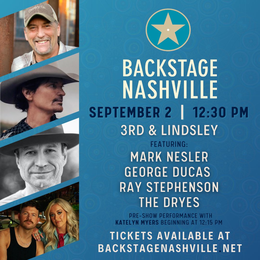 BackstageNash's tweet photo. This Saturday, we're featuring Mark Nesler ("Just To See You Smile"), @GeorgeDucas ("A Real Fine Place To Start"), @RayStephenson ("Red River Blue") and #BackstageNashville Discovery Duo @TheDryesMusic! Get tickets at https://t.co/WwIzGKXhg4 or at the door ๐ท #Nashville #TNfun https://t.co/axDUzvvfqS