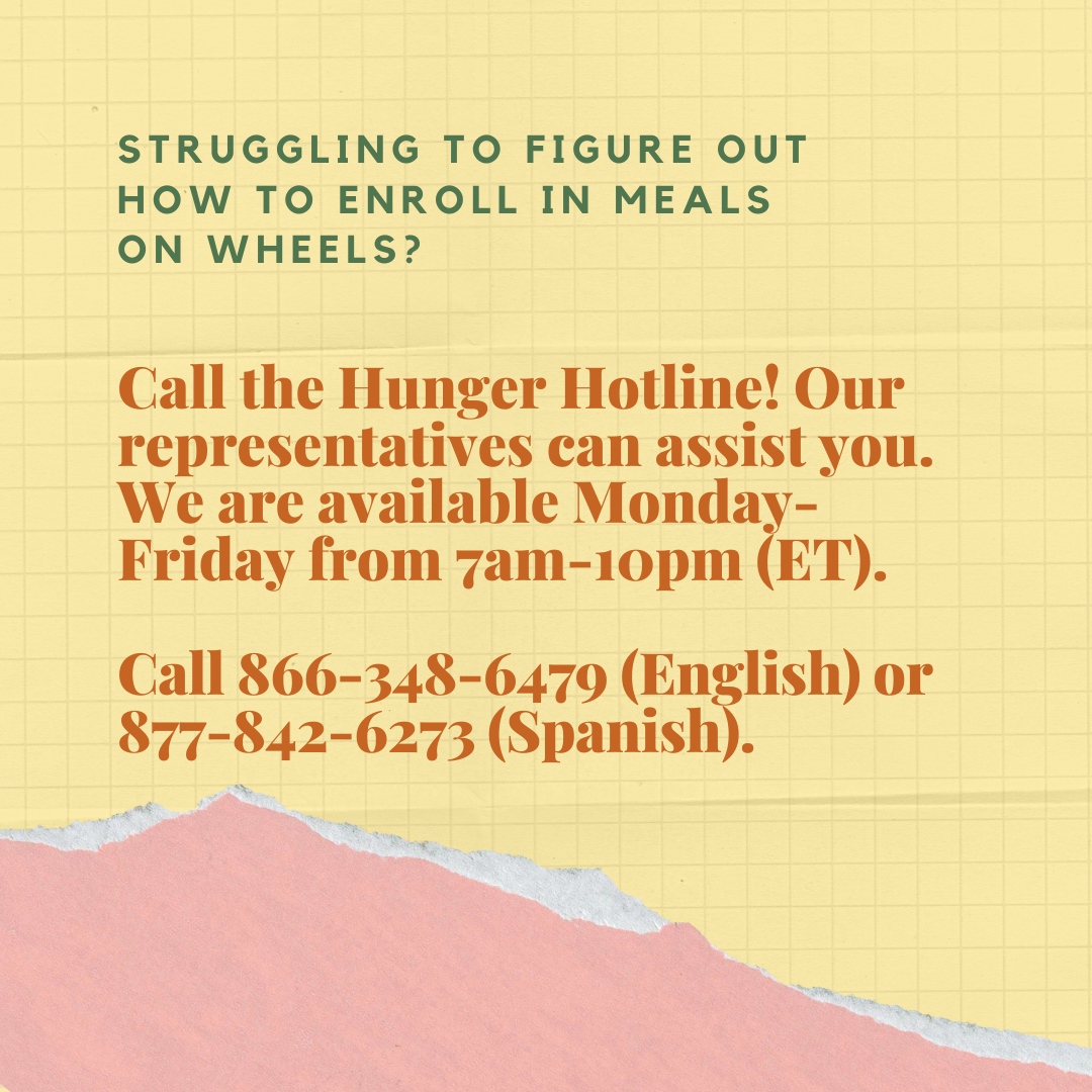 Do you know of #MealsonWheels? This program is critical to meeting the food and social needs of older adults. Call the Hunger Hotline today for assistance finding a program near you! 

#foodresources
#snap
#wic
#nutritionprograms