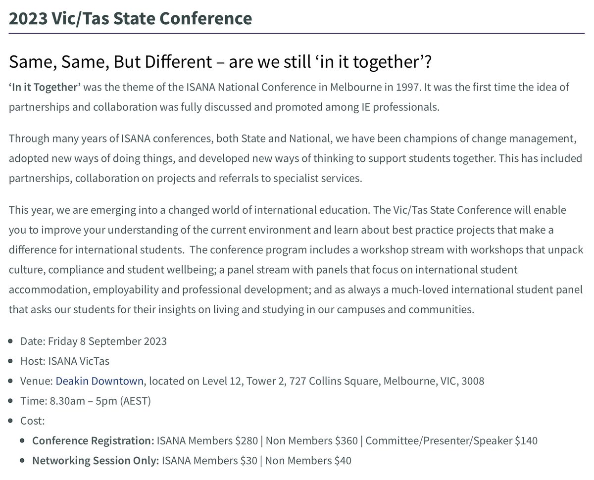 Same, Same, But Different – are we still ‘in it together’? The 2023 @ISANAInc Vic/Tas International Education Conference Friday 8 September 2023, Melbourne Full program and registrations → isana.org.au/pd/2023-vic-ta… #IntlEd #IntStudents #InternationalEducation