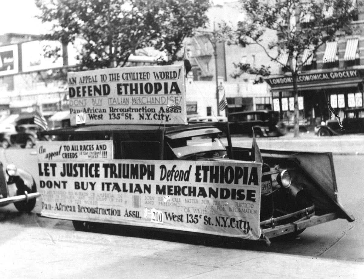 Harlem Rallies For Ethiopian Defense

The Pan-African Reconstruction Association, headed by Samuel Daniels, has enlisted three thousand young men to send to Ethiopia using their campaign car, which is driven about Harlem with speakers to enlist recruits, New York 1930s