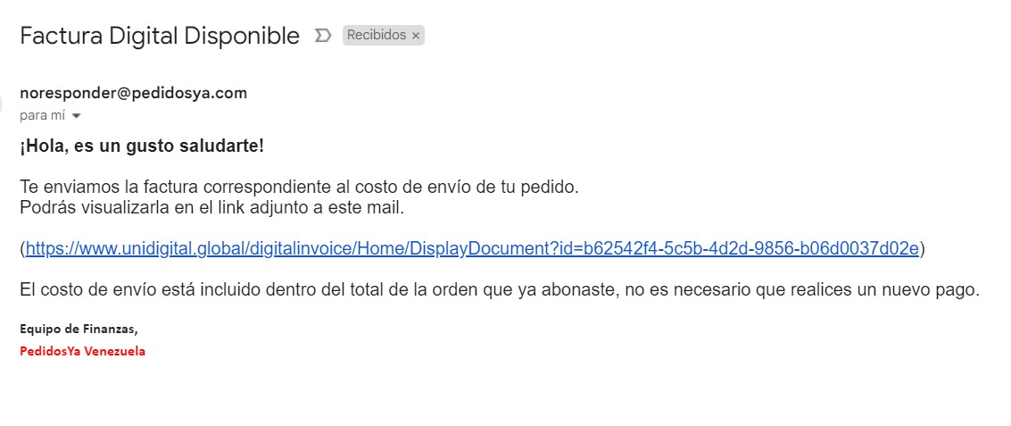Atentos <a href="/pedidosya/">PedidosYa</a> están enviando correos falsos en nombre de ustedes con un link para robar todos tus datos #Estafa #Alerta #PedidosYa