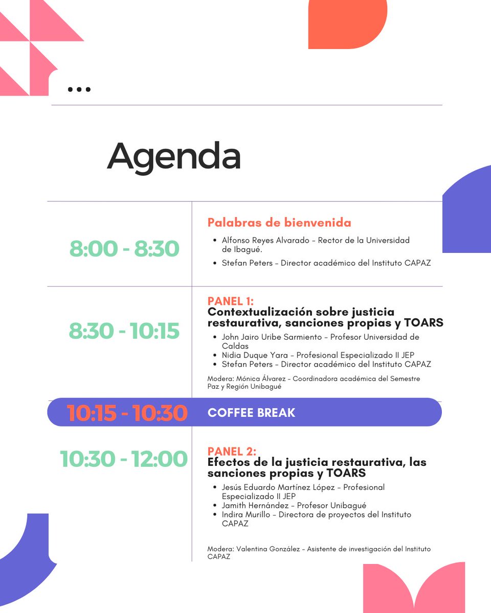 Instituto_CAPAZ's tweet photo. #EventosCAPAZ | El objetivo de estos diálogos es el intercambio de conocimientos y experiencias de diferentes actores académicos y sociales en materia de los temas actuales de la JEP
¡Nos vemos el miércoles 6 de septiembre en la @Unibague! Les dejamos la agenda y lxs panelistas👇🏼 https://t.co/jtaxrirrb5