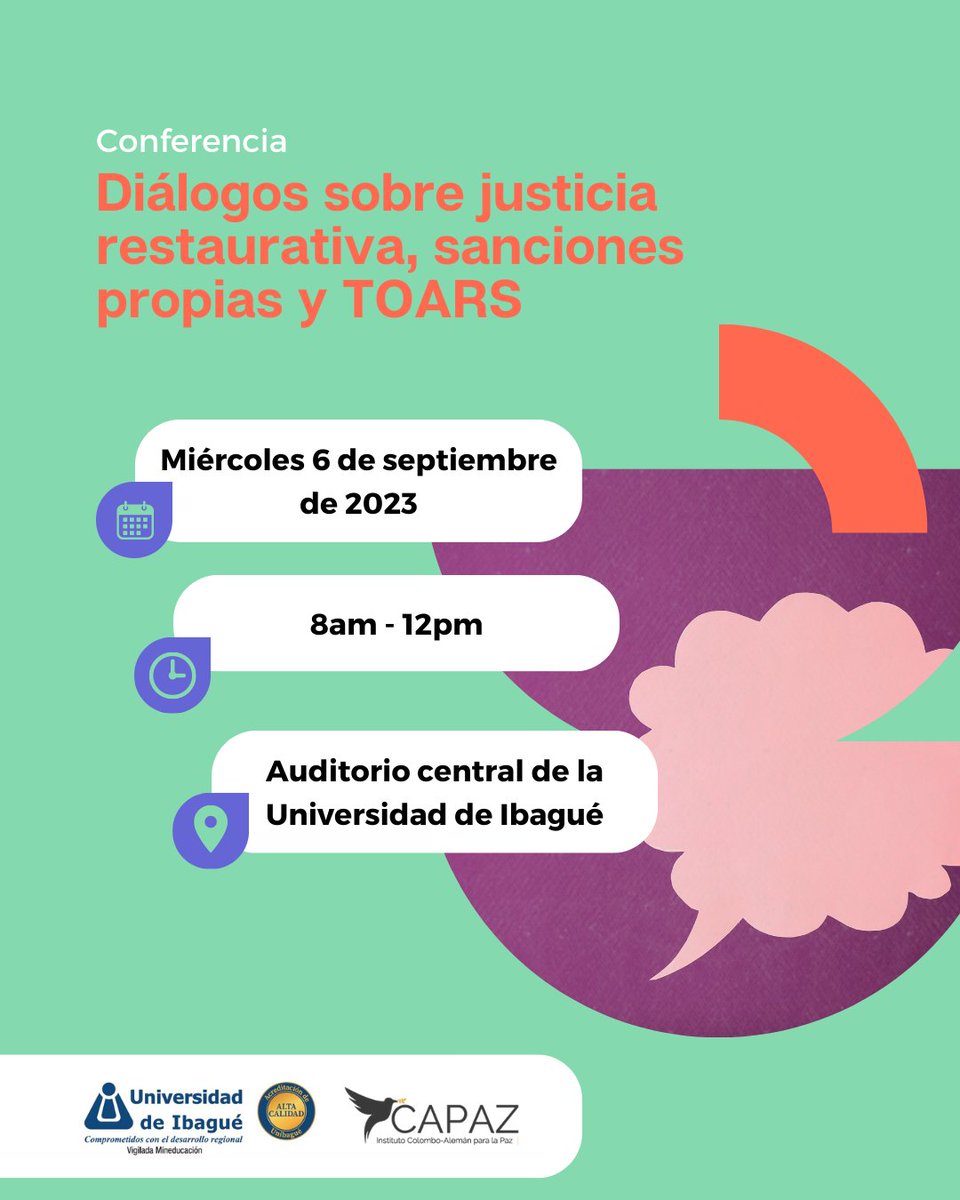 Instituto_CAPAZ's tweet photo. #EventosCAPAZ | El objetivo de estos diálogos es el intercambio de conocimientos y experiencias de diferentes actores académicos y sociales en materia de los temas actuales de la JEP
¡Nos vemos el miércoles 6 de septiembre en la @Unibague! Les dejamos la agenda y lxs panelistas👇🏼 https://t.co/jtaxrirrb5