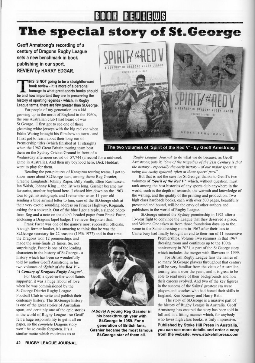 A book review in the Autumn issue of the UK's 'Rugby League Journal': '[Spirit of the #RedV] sets a new benchmark in book publishing in our sport ... without question, it must rank among the best histories of any sports club anywhere in the world.'