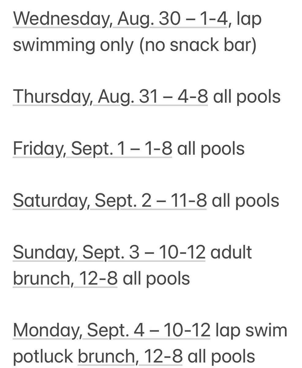 Updated pool schedule for this week - includes more pool hours on Friday (open 1-8) 🏊‍♀️ 🏊‍♂️ 🏊