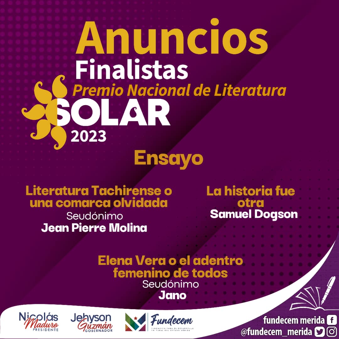 #29Ago|| <a href="/Fundecem_Merida/">Fundecem Mérida</a> anunció este martes los finalistas del Premio Nacional de Literatura Solar 2023, en las categorías de narrativa, poesía, literatura infantil y ensayo.

#PuebloRompeCensura
