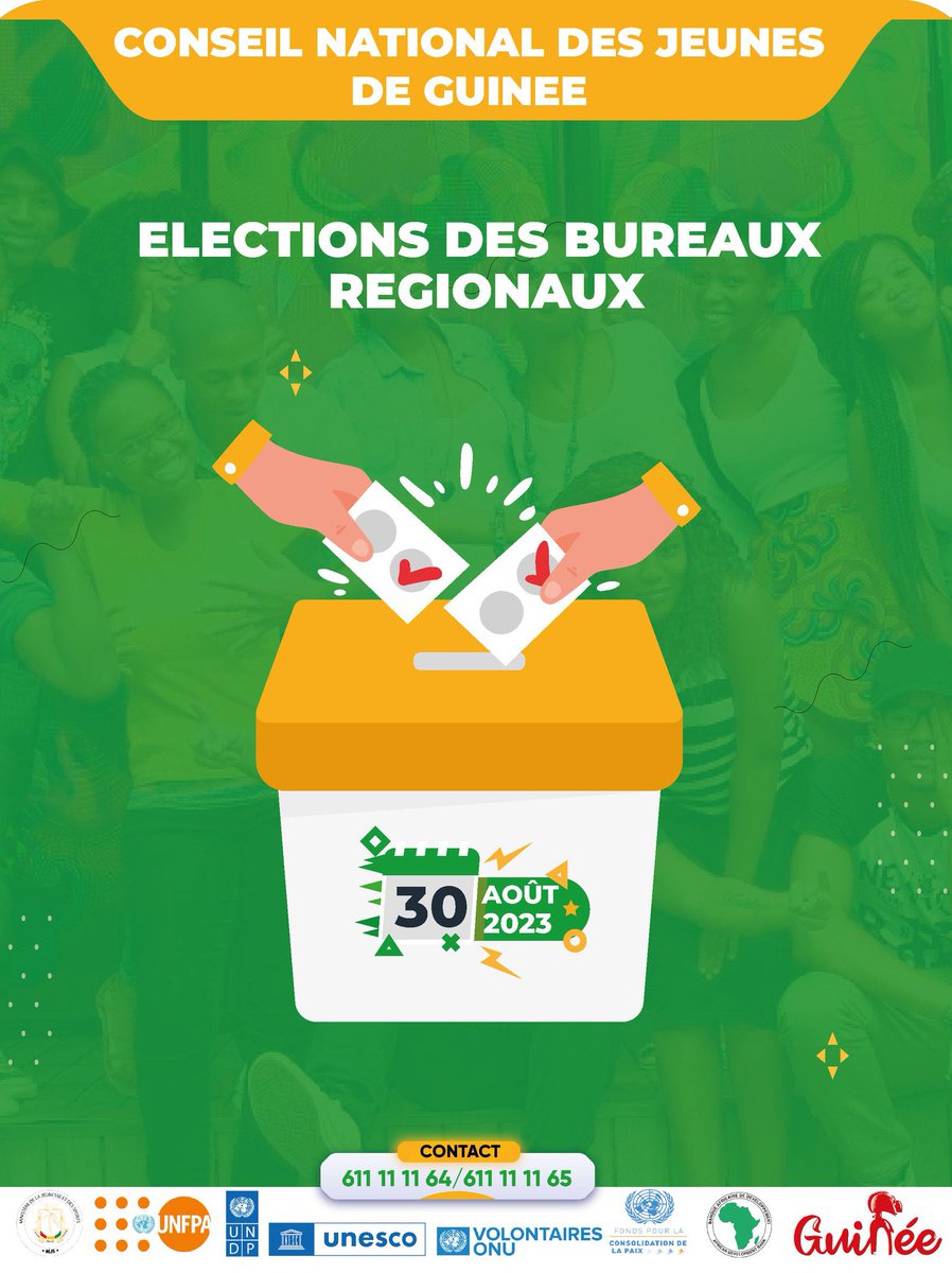 #SaveTheDate 

[30/08/2023]  

Election des membres des bureaux régionaux du Conseil National des #Jeunes de Guinée.  

Tout est mis en place dans les régions du pays pour un bon déroulement de cette étape qui va précéder les élections nationales.  

<a href="/unfpa_guinee/">UNFPA GUINEE</a> 

#Youth4Peace