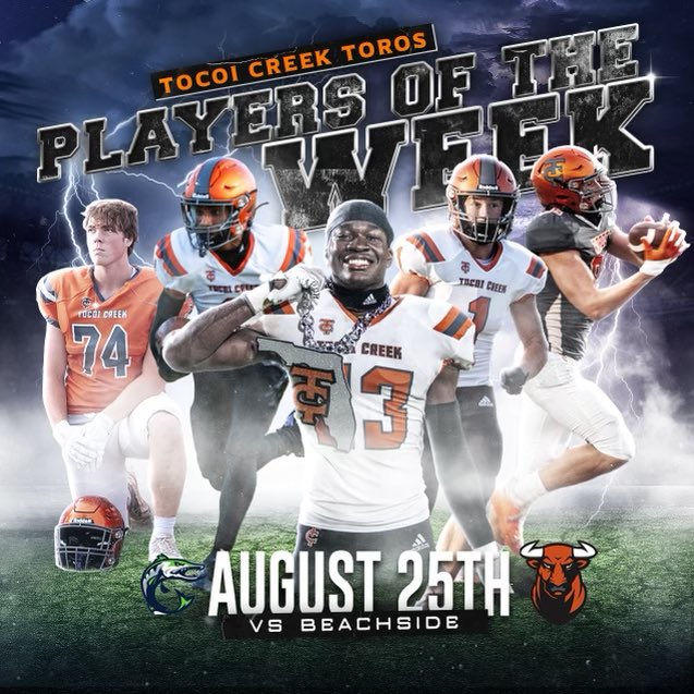Toros get the Victory in Week 1! Big Congrats to our players of the Week! 🤘🏽#hornsup 

Blake Warner
<a href="/JulioSantiago07/">Julio Santiago 3 ⭐️ Wr</a> 
<a href="/MicahRagin/">Micah Ragin</a> 
<a href="/Parkerweb2/">Parker</a> 
<a href="/Zander_Tightend/">Zander Erasmus</a> 

<a href="/ZachHarbison/">Zach Harbison</a> <a href="/AlexAda57601173/">Alex Adams</a> <a href="/SmeltzerKarl/">Karl Smeltzer</a> <a href="/MattPotak/">Matt Potak</a> <a href="/KevinJDoelling/">Coach Kev</a> <a href="/coachturpen/">Mike Turpen</a>