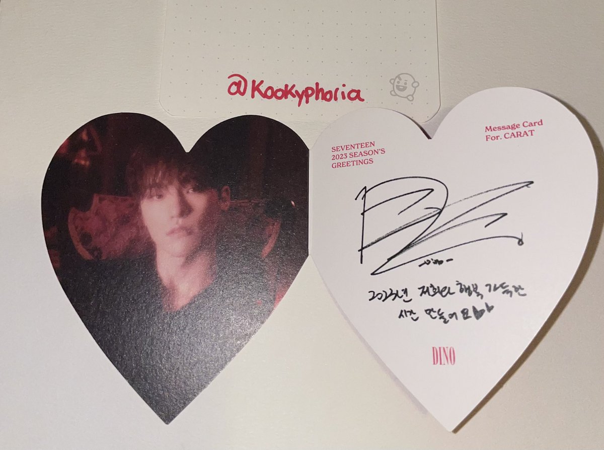 kookyphoria's tweet photo. WTS Seventeen Dino 2023 Season Greetings Heart Message Card
- $10 
- $1 usa stamped; $4.50 tracked 
- dm w/ any questions

pls help rt!
@carattrade @nabongtrade @svttradingusa @svttrading @svtmerchrt @kpopctrades @photocard_kpop @kpoptradeusa @kpopthriftshop https://t.co/DeVUHY6FRu
