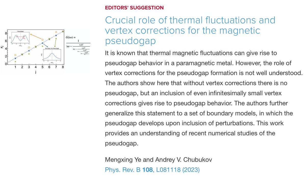 PhysRevB's tweet photo. PRB Editors' Suggestion: Crucial role of #thermal fluctuations and vertex corrections for the #magnetic #pseudogap
M. Ye and A. V. Chubukov
Phys. Rev. B 108, L081118
➡️ https://t.co/CXJhItbQzl
#PRBLetter #EdSugg #condmat #physics @APSPhysics https://t.co/bNK1zm0y2h