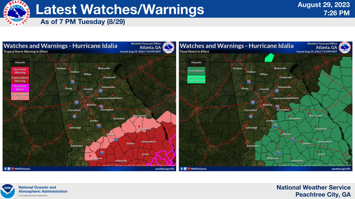NWSAtlanta's tweet photo. 🚨Updates for����️Hurricane Idalia☔️🚨
The latest track has the storm's center passing through Central &amp; East Central Georgia Wednesday afternoon, w/ strong winds &amp; torrential rainfall expected south &amp; east of the Macon area. Check out https://t.co/h7ZIW7O1hN for the latest details! https://t.co/fuFB2ti5hI